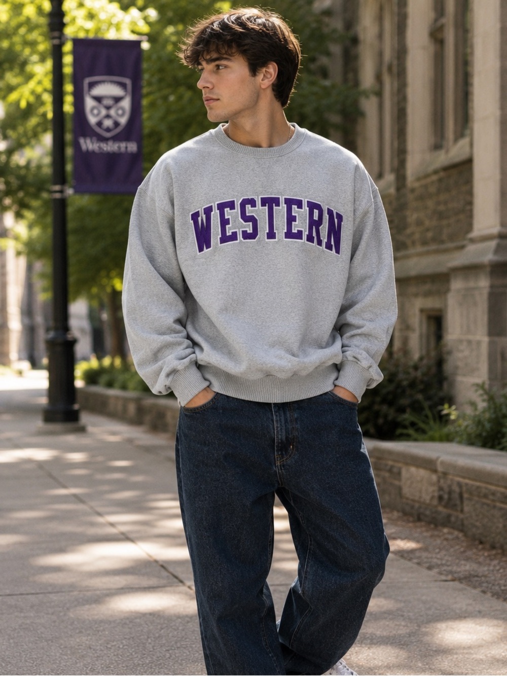 Vintage Western University Appliqué Crewneck Sweatshirt L Grey